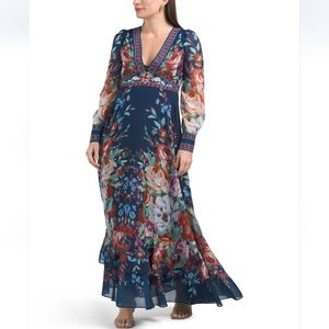 Dalia Macphee Long Sleeve Floral Border Print V Neck Maxi Dress